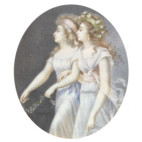 828 - Peter Adolf Hall - The Jennings sisters, 18th cetnury oval watercolour miniature housed in a section... 