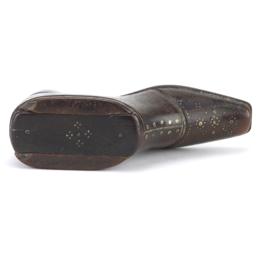 44 - 19th century shoe design treen and studwork snuff box, 10cm length