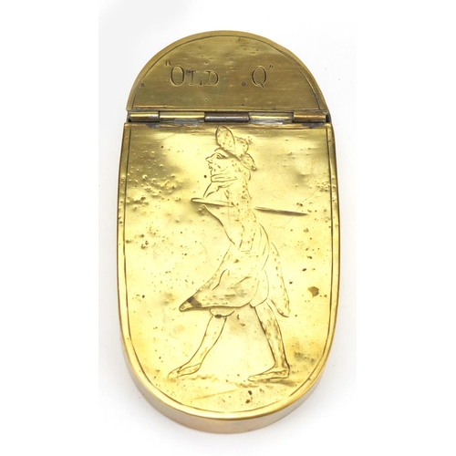 43 - 18th century oval brass snuff box engraved with 'Old Q', 10.5cm in length