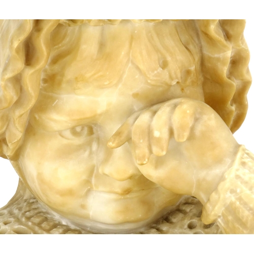 24 - Large alabaster carving of a young child crying holding a pot, raised on a circular green marble bas... 