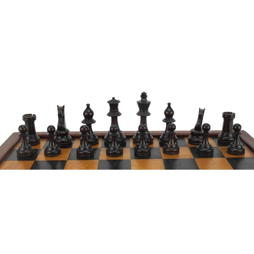 258 - Boxwood chess set with mahogany chessboard, the largest chess piece 8cm high