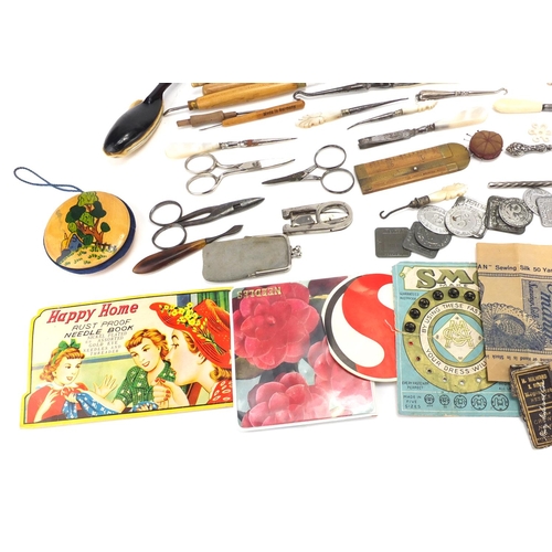 61 - Victorian and later sewing items including a brass quadruple golden casket, bone handled umbrella de... 