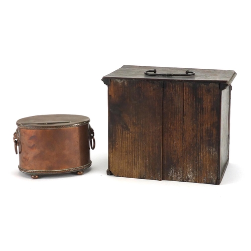 25 - Antique mahogany table cabinet and an oval Georgian copper tea caddy with lion mask handles, the tab... 