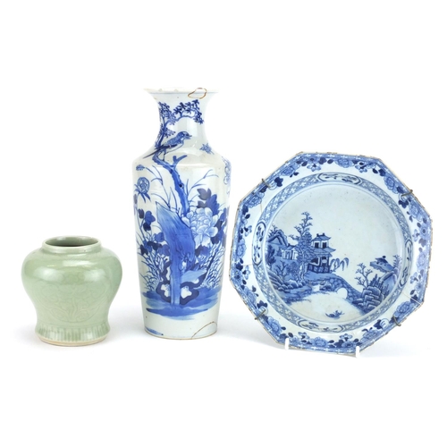 276 - Chinese porcelain including a blue and white vase with tapering body and a celadon vase incised with... 