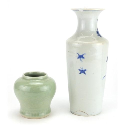 276 - Chinese porcelain including a blue and white vase with tapering body and a celadon vase incised with... 