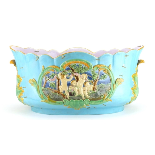 454 - Large 19th century Minton Majolica planter possibly by George Jones, hand painted and decorated in r... 
