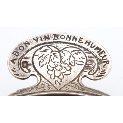 614 - French silver wine tasting cup, the handle inscribed A Bon Bin Bonne Humeur (a good wine good mood),... 