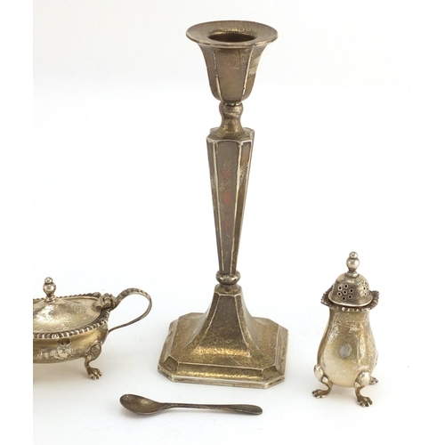616 - Pair of silver square based candlesticks of tapering form and silver three piece cruet, Birmingham h... 