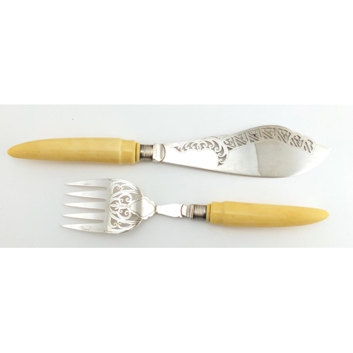 633 - Pair of Victorian fish servers with silver finials and ivory handles, the blade engraved with a hero... 