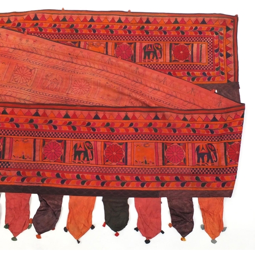 419 - Large Indian textile embroidered with elephants and cows, 510cm x 68cm