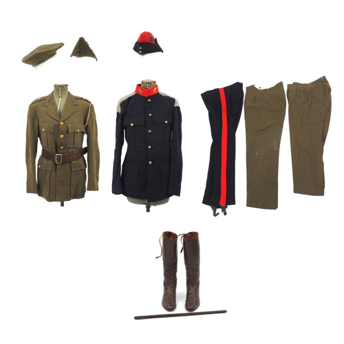 227 - British Military World War II uniform including tunics and a leather swagger stick