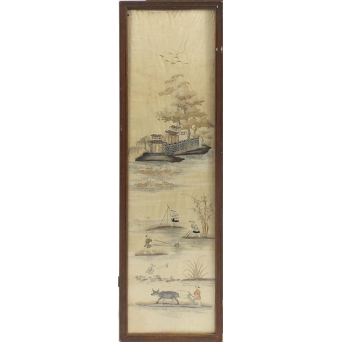 417 - Chinese embroidered silk panel depicting fishermen and farmers, framed, 106cm x 26cm
