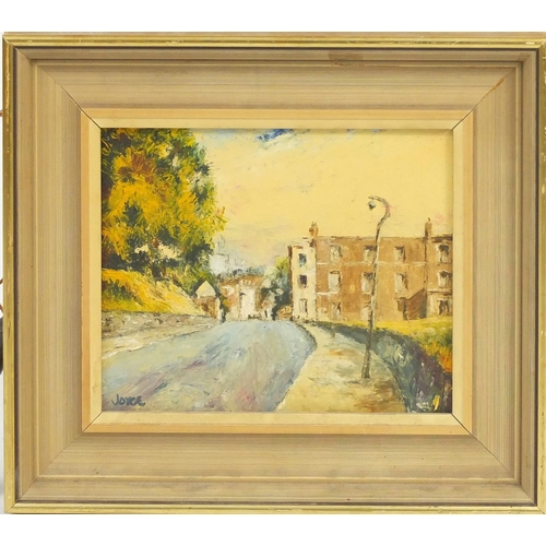 375 - Street scene, oil on board, bearing a signature Joyce, framed, 26cm x 21cm