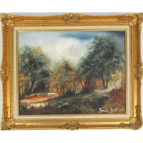 414 - Ronald Hull - Path through woodland, oil on canvas, framed, 50cm x 39.5cm