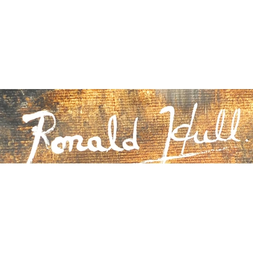 414 - Ronald Hull - Path through woodland, oil on canvas, framed, 50cm x 39.5cm