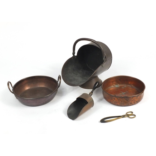 165 - Two copper warming pans and a coal scuttle with scoop