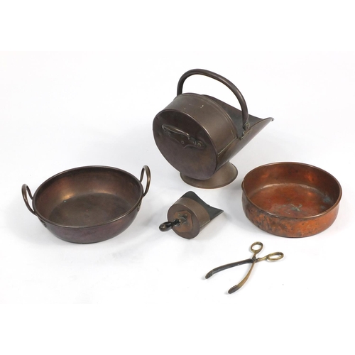 165 - Two copper warming pans and a coal scuttle with scoop