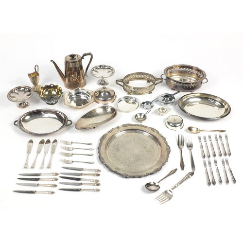 141 - Silver plate including a coffee pot, entrée dish and cutlery