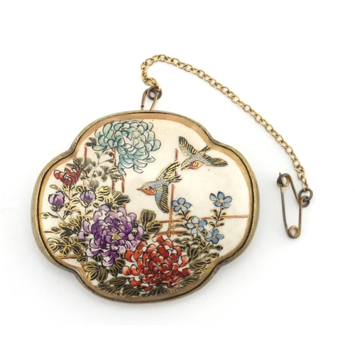 337 - Japanese Satsuma pottery brooch hand painted with birds and flowers, 4.5cm x 4cm