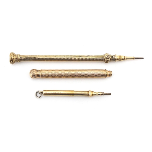 70 - Three propelling pencils including two unmarked gold examples, one being by S Mordan & Co, the large... 
