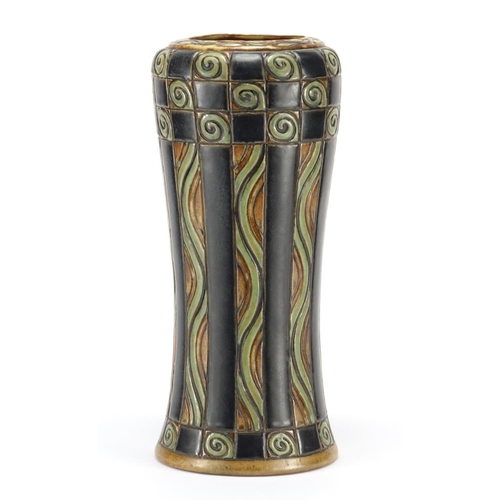 514 - Royal Doulton Lambeth vase hand painted with a stylised abstract design, impressed marks and numbere... 