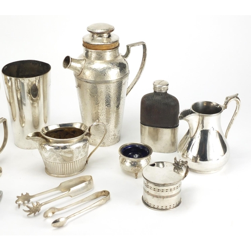 146 - Silver plate including a Mappin & Webb teapot with matching milk jug, hip flask, mustard with blue g... 