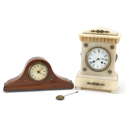 89 - Carved alabaster mantel clock with enamelled dial and an Edwardian inlaid mahogany mantel clock, the... 