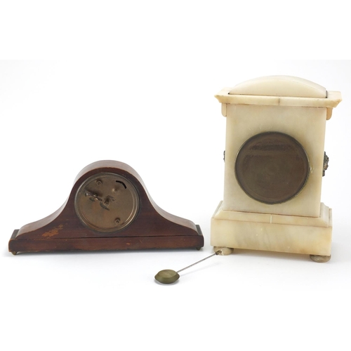 89 - Carved alabaster mantel clock with enamelled dial and an Edwardian inlaid mahogany mantel clock, the... 