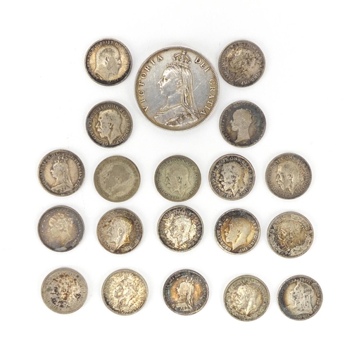 681 - British pre 1947 coins including 1887 florin and three penny bits