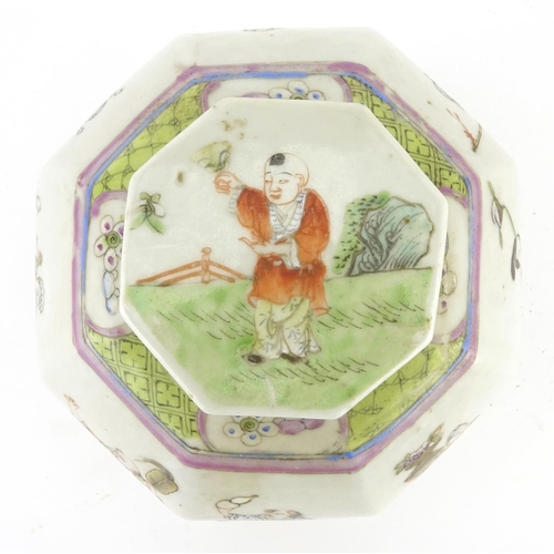 303 - Chinese porcelain octagonal jar and cover, hand painted in the famille rose palette with figures, 13... 