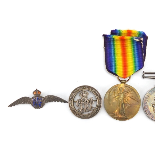 184 - British Military World War I pair with two cap badges, silver services rendered brooch and silver an... 