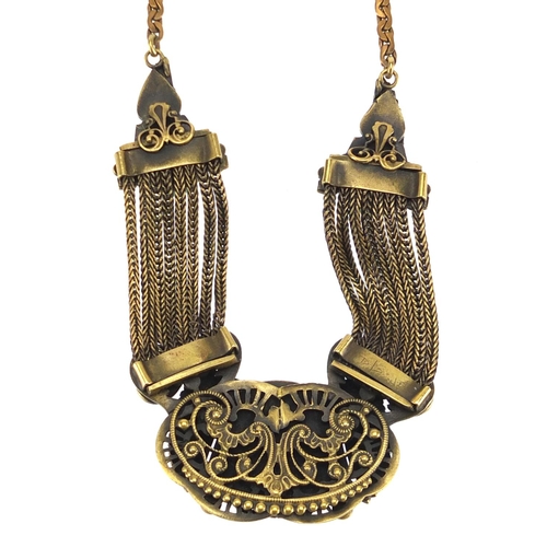 569 - ** DESCRIPTION AMENDED 1/3 ** 1930's Egyptian revival brass and painted pendant on necklace, 50cm in... 