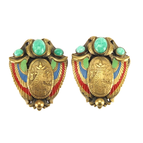 570 - ** DESCRIPTION AMENDED 1/3 **  Pair of 1930's Egyptian revival brass and painted earrings, each 3cm ... 