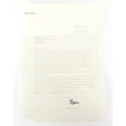 127 - Spike Milligan ephemra including a hand written letter detailing a loan and a signed printed letter