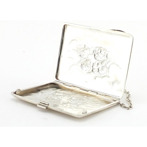 592 - Silver card case with chain, embossed with putti, by Synyer & Beddoes, Birmingham 1908, 10cm wide, a... 