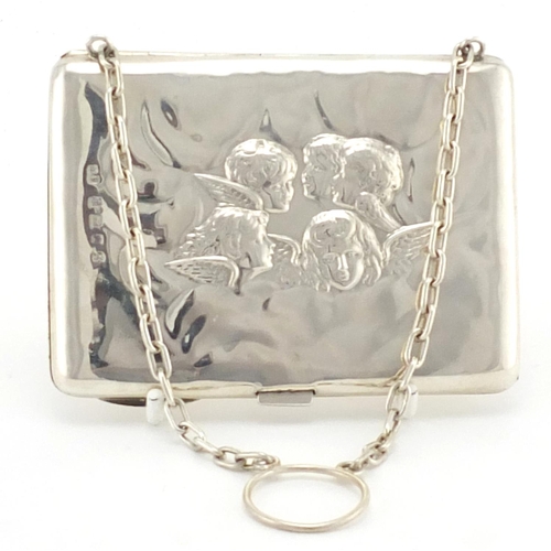 592 - Silver card case with chain, embossed with putti, by Synyer & Beddoes, Birmingham 1908, 10cm wide, a... 