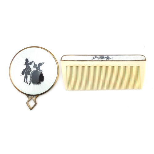 613 - Continental silver and guilloche enamel compact mirror and comb, decorated with a couple dancing, im... 