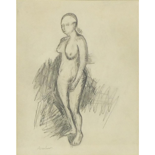 584 - Nude female, full length portrait, pencil sketch on paper, bearing an indistinct signature, mounted ... 