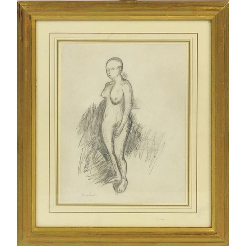 584 - Nude female, full length portrait, pencil sketch on paper, bearing an indistinct signature, mounted ... 