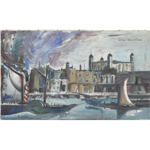 374 - Continental harbour, oil on canvas, titled 'Londres Antiga-A Torre', bearing a signature H. Santos, ... 