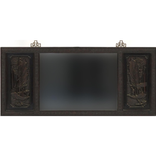 60 - Chinese hardwood wall hanging mirror, carved with figures on boats, 79cm x 35cm
