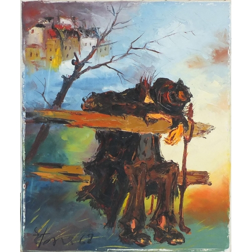 373 - Tramp asleep on a bench, impasto oil on canvas, bearing signature Stone-68, unframed, 55cm x 46cm