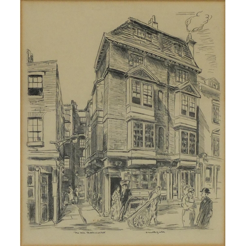 583 - Street scene, ink illustration, label verso relating to Francis (Auburey Lawrence), mounted and fram... 