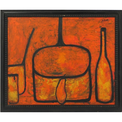 438 - Still life objects, oil on board, bearing a signature W. Scott and inscribed verso, framed, 64cm x 5... 
