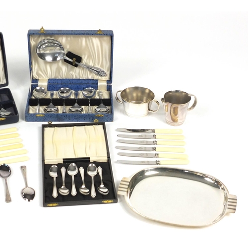 163 - Cased set of silver plated cutlery and a milk jug and sugar bowl on tray