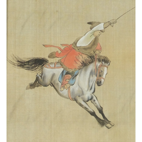 367 - Chinese painting on silk depicting a horse roundup, with character marks, framed, 87cm x 30cm