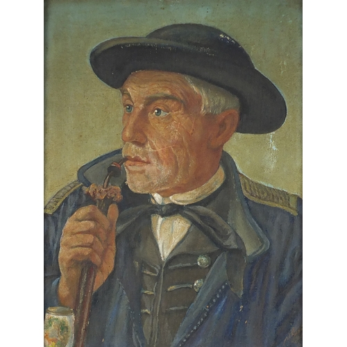 866 - Two portraits of gentleman smoking pipes, two German school oil on boards, one with label verso, fra... 
