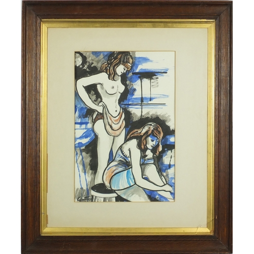 986 - Two females bathing, watercolour, bearing a signature Guttuso, mounted and framed, 36cm x 24cm