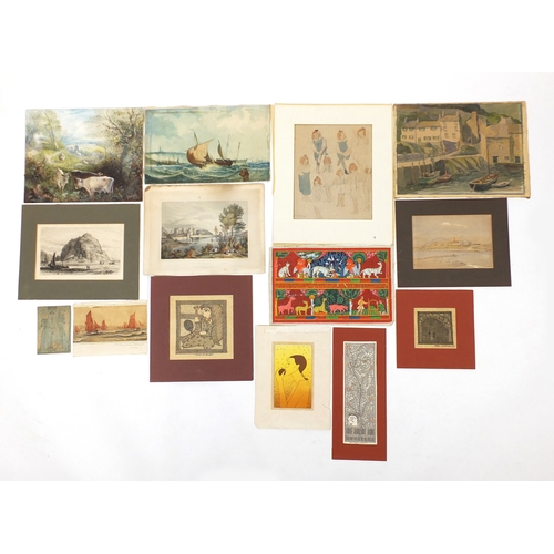 1002 - Antique and later paintings and prints, including a 19th century etching by Charles Oliver Murray an... 