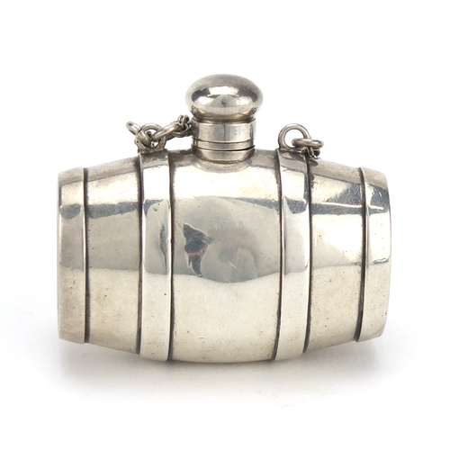 585 - Victorian novelty silver scent bottle in the form of a barrel, possibly by James Beebe London 1871, ... 